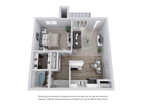 1 bed 1 bath 3D Floor Plan B
